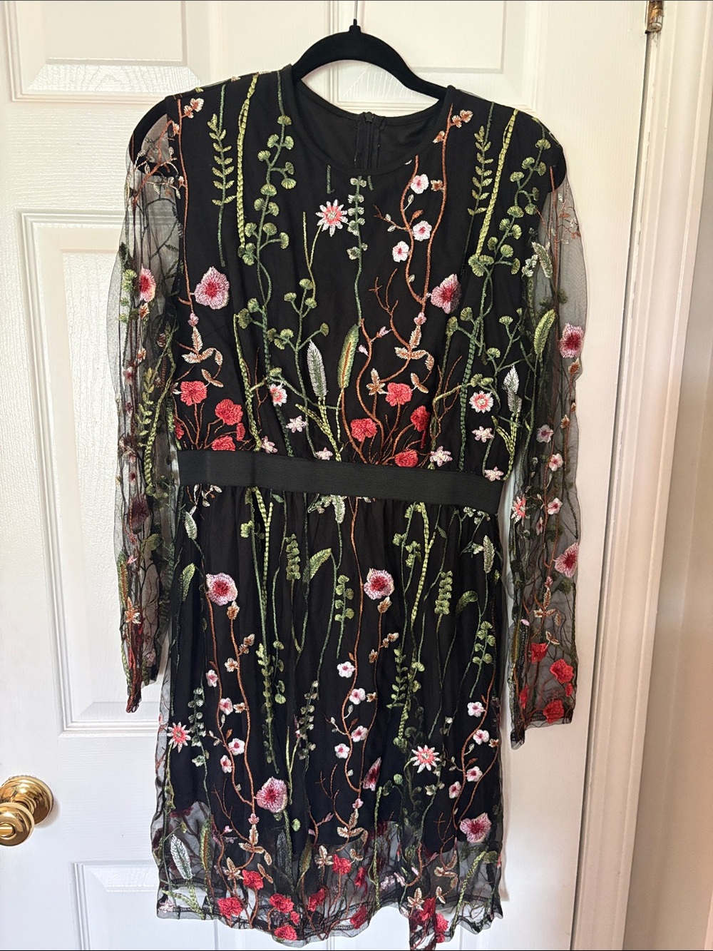 SHEIN Black Sheer Floral Embroidered Long Sleeve Dress